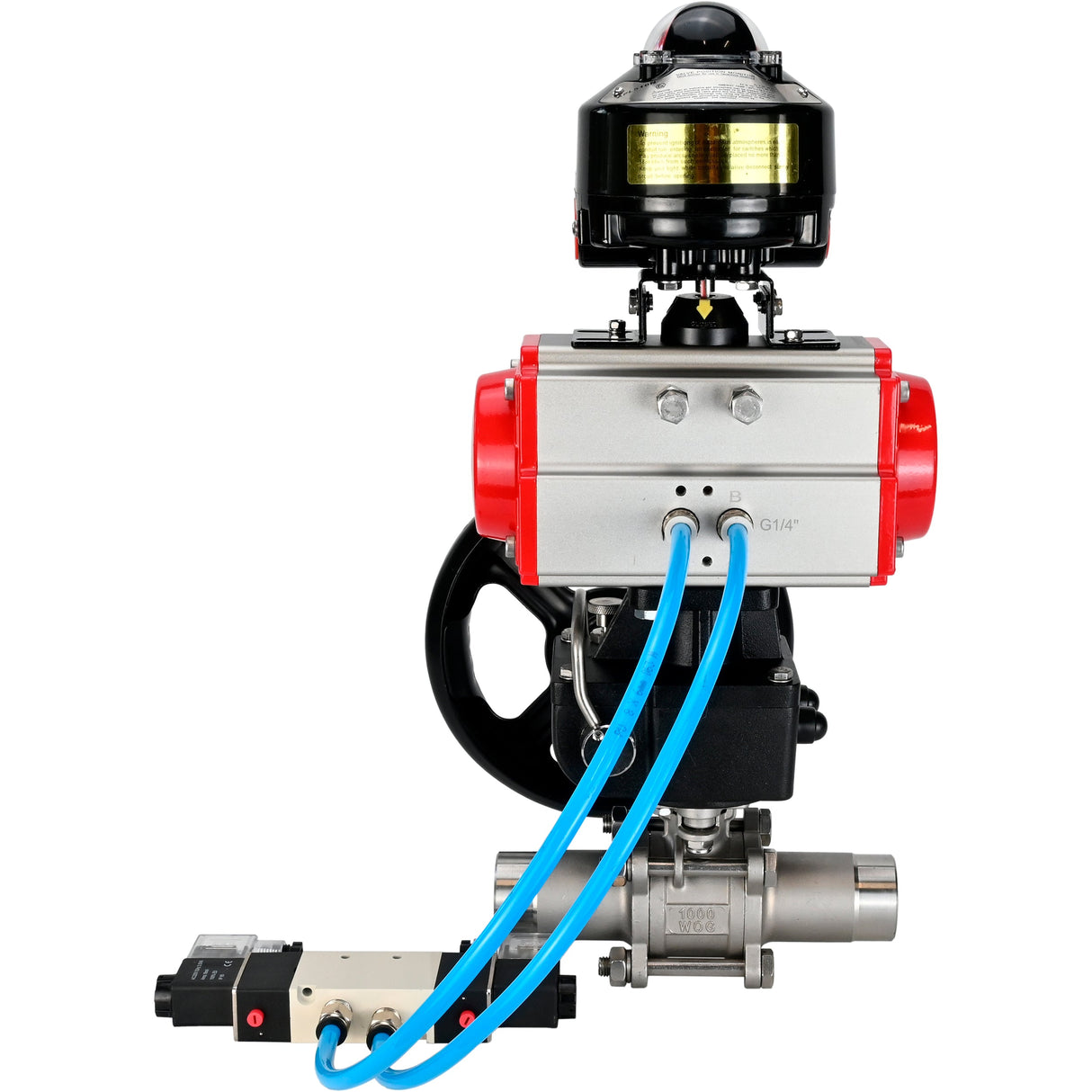 Ball valves Elephant BV3232P(3pc)-FP-W-ISO-H LONG DN50-150 full bore, body - stainless steel 316, for welding, with pneumatic actuator PA-DA, pneumatic distributor 4V320-10 220V, MON gearbox and block limit switches APL-510N EX