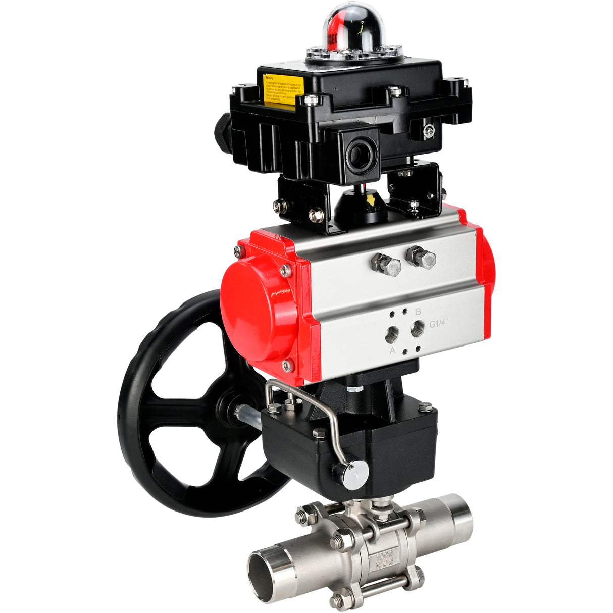 Vannes à boisseau sphérique Elephant BV3131P(3pc)-FP-W-ISO-H LONG DN50-150 passage intégral, corps - acier inoxydable 304, soudé, avec actionneur pneumatique Elephant PA-DA, réducteur Elephant MON et bloc de fin de course APL 410N EX