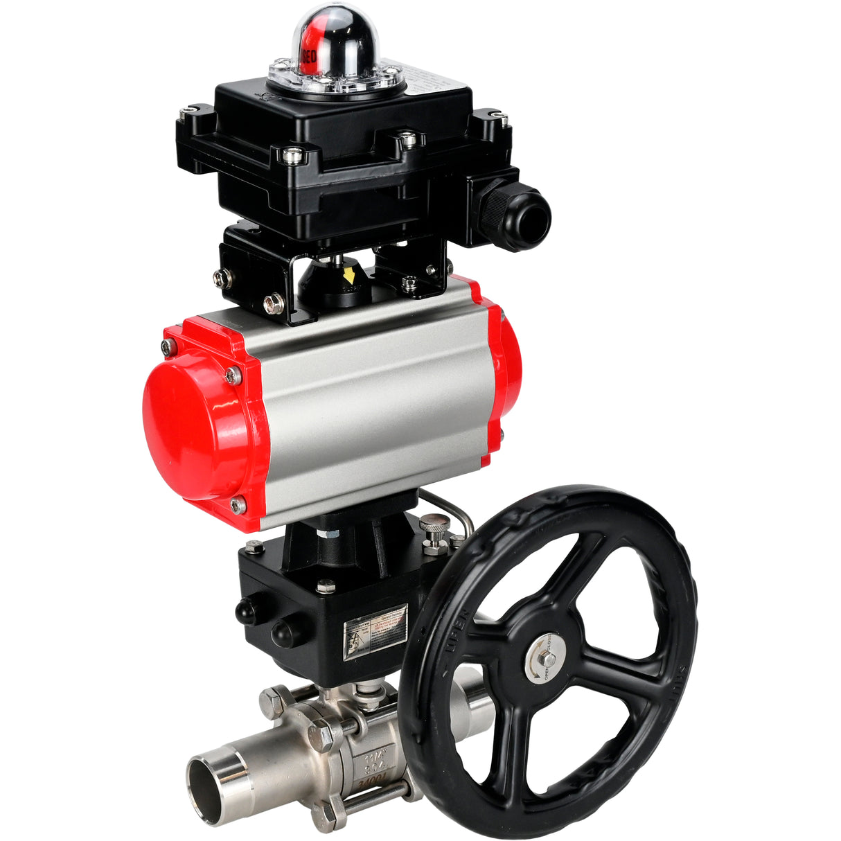 Vannes à boisseau sphérique Elephant BV3131P(3pc)-FP-W-ISO-H LONG DN50-150 passage intégral, corps - acier inoxydable 304, soudé, avec actionneur pneumatique Elephant PA-DA, réducteur Elephant MON et bloc de fin de course APL 410N EX