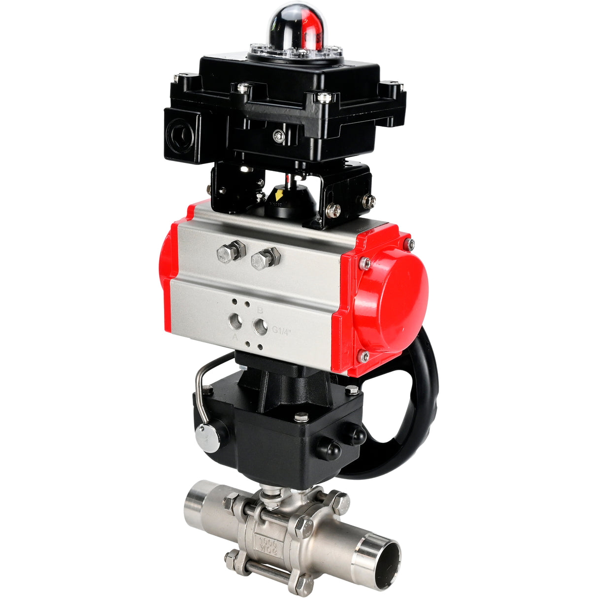 Vannes à boisseau sphérique Elephant BV3131P(3pc)-FP-W-ISO-H LONG DN50-150 passage intégral, corps - acier inoxydable 304, soudé, avec actionneur pneumatique Elephant PA-DA, réducteur Elephant MON et bloc de fin de course APL 410N EX