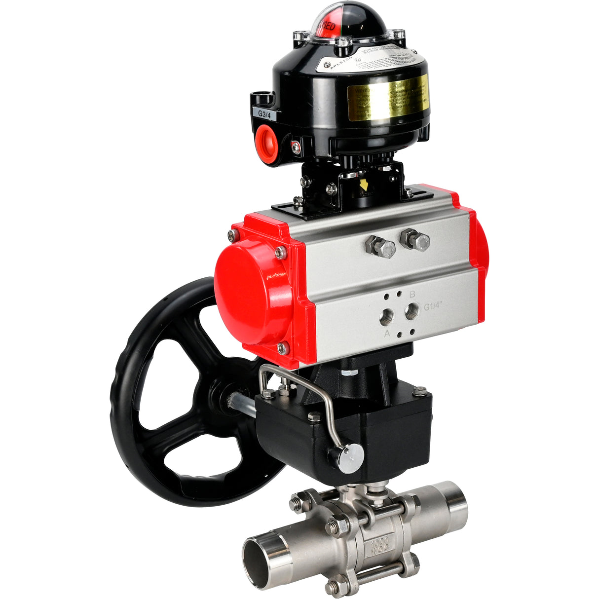 Vannes à boisseau sphérique Elephant BV3131P(3pc)-FP-W-ISO-H LONG DN50-150 passage intégral, corps - acier inoxydable 304, soudé, avec actionneur pneumatique Elephant PA-DA, réducteur Elephant MON et bloc d'interrupteur de fin de course APL 510N EX