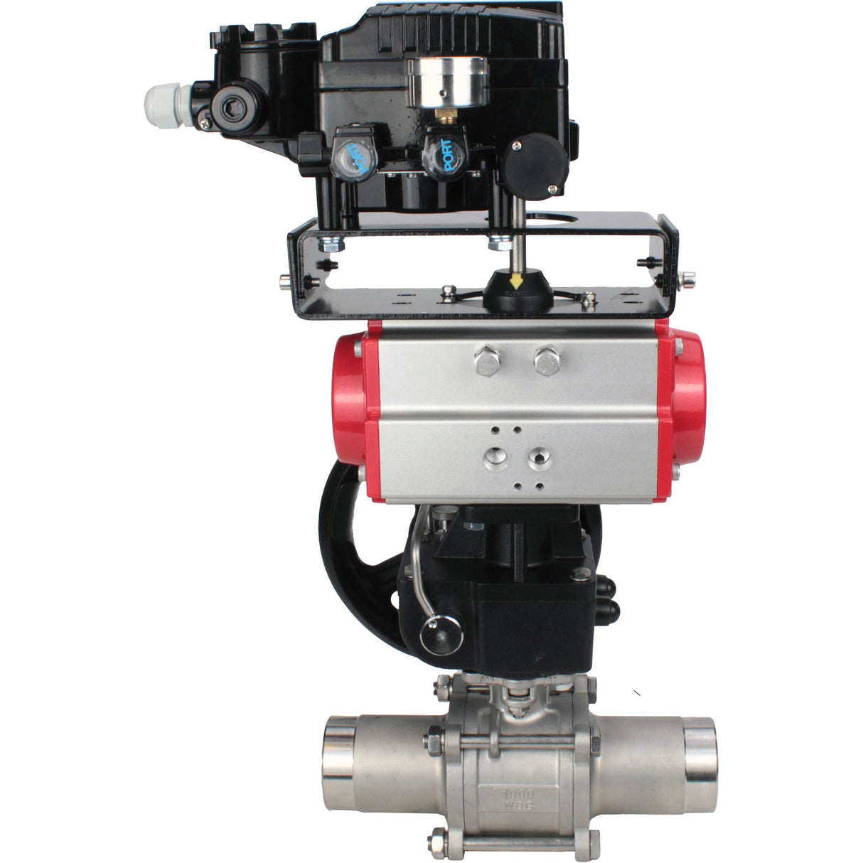 Ball valves Elephant BV3232P(3pc)-FP-W-ISO-H LONG DN50-150 full bore, body - stainless steel 316, welded, with Elephant PA-DA pneumatic actuator, Elephant MON reducer and YT-1000RSN pneumatic positioner