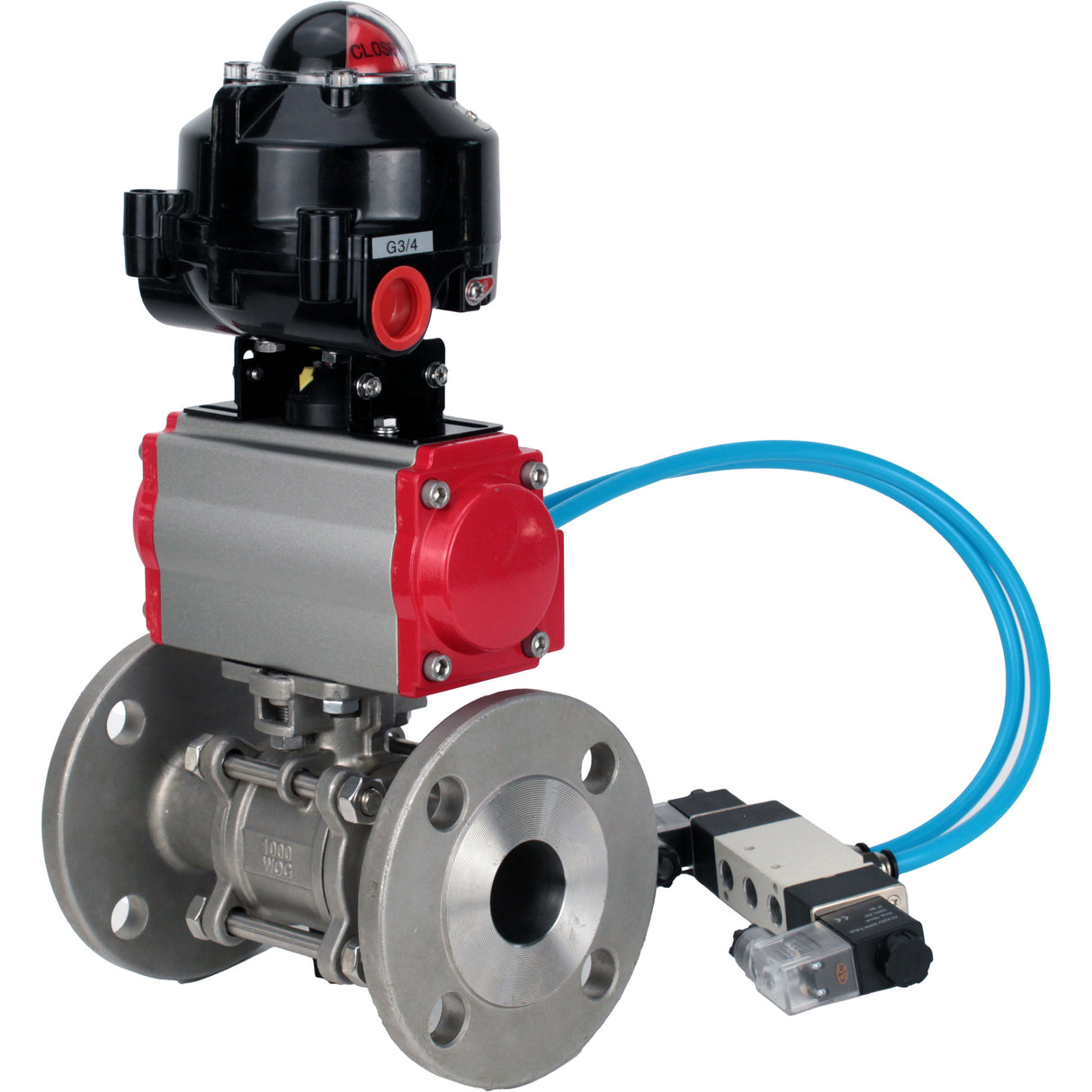 Ball valves Elephant BV3131P(3pc)-FP-F-ISO-H flanged, full bore, three-piece, body - stainless steel SS304, seal - PTFE, with pneumatic actuator Elephant PA-SA 065-160 pneumatic distributor 4V320- 10 accession DN10 LSU APL-510N