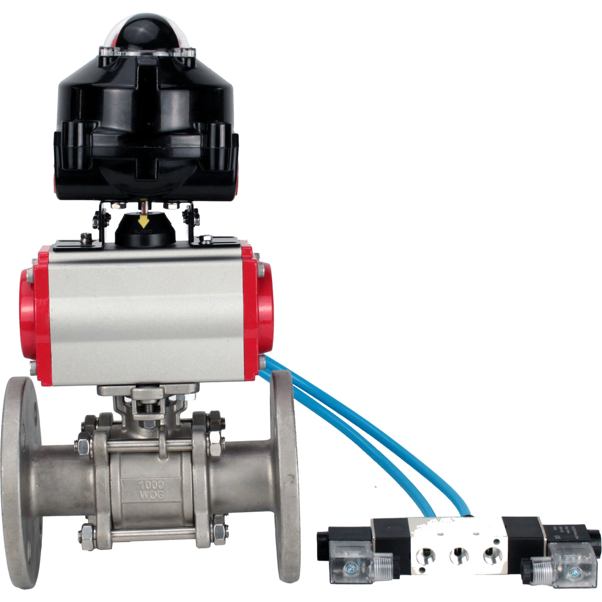 Ball valves Elephant BV3131P(3pc)-FP-F-ISO-H flanged, full bore, three-piece, body - stainless steel SS304, seal - PTFE, with pneumatic actuator Elephant PA-SA 065-160 pneumatic distributor 4V320- 10 accession DN10 LSU APL-510N
