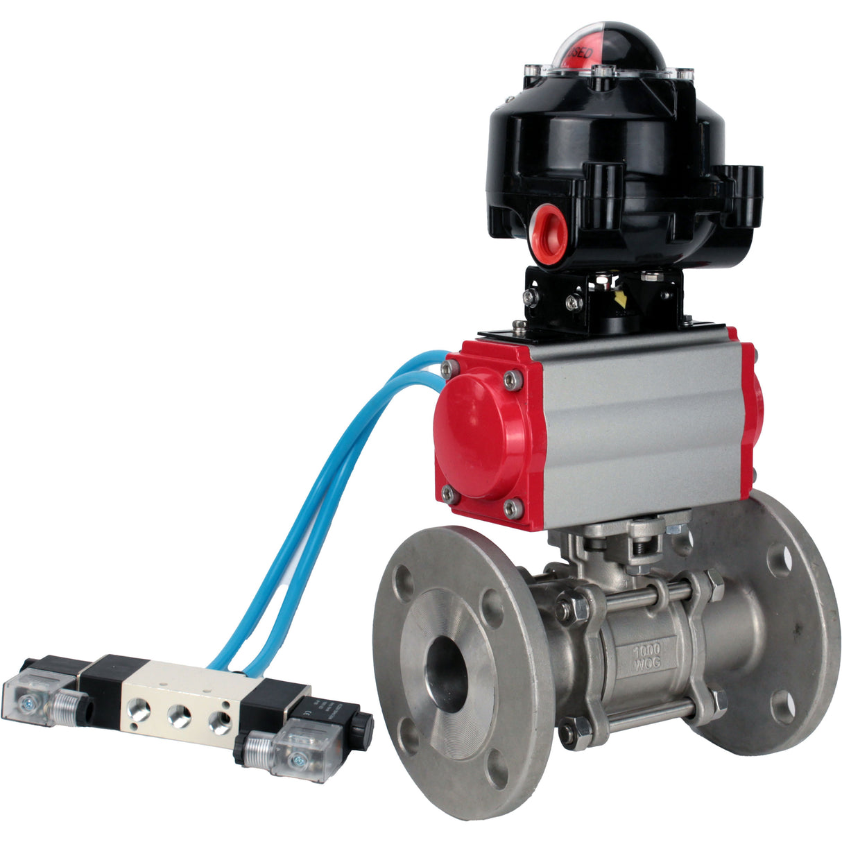 Ball valves Elephant BV3131P(3pc)-FP-F-ISO-H flanged, full bore, three-piece, body - stainless steel SS304, seal - PTFE, with pneumatic actuator Elephant PA-SA 065-160 pneumatic distributor 4V320- 10 accession DN10 LSU APL-510N