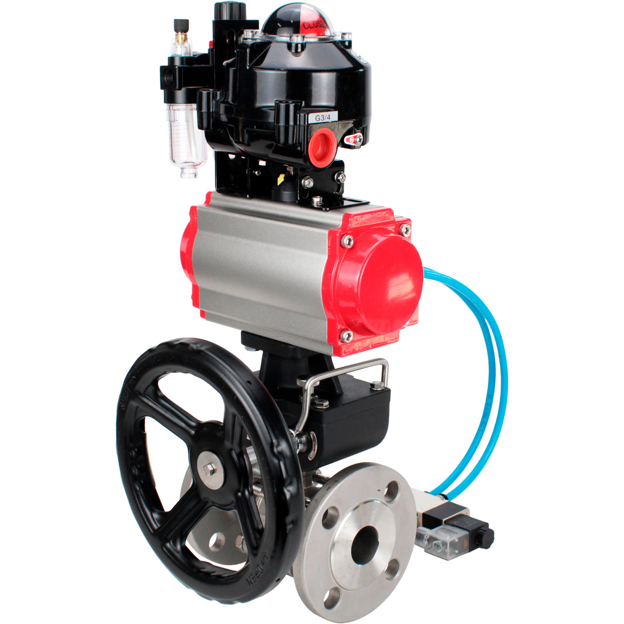 Ball valves Elephant BV3131P(3pc)-FP-F-ISO-H flanged, full bore, three-piece, body - stainless steel SS304, seal - PTFE, with pneumatic drive PA-DA-052-130 pneumatic distributor 4V320 -10 MON gearbox ATU AFC2000 LSU APL-510N-EX