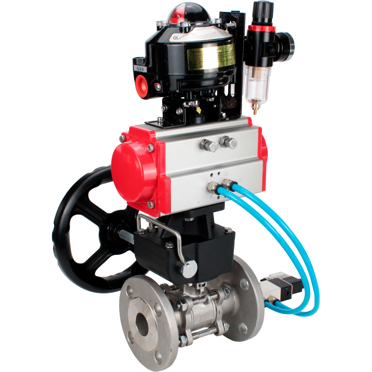 Vannes à boisseau sphérique Elephant BV3232P(3pc)-FP-F-ISO-H à brides, trois pièces, corps - acier inoxydable SS316, joint - PTFE, avec entraînement pneumatique PA-DA-052-130 distributeur pneumatique 4V320-08 réducteur MON BPV AFC2000 BKV APL-510N-EX