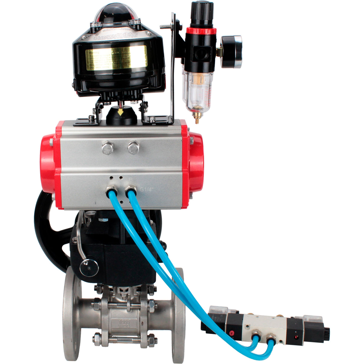 Ball valves Elephant BV3131P(3pc)-FP-F-ISO-H flanged, full bore, three-piece, body - stainless steel SS304, seal - PTFE, with pneumatic drive PA-DA-052-130 pneumatic distributor 4V320 -10 MON gearbox ATU AFC2000 LSU APL-510N-EX