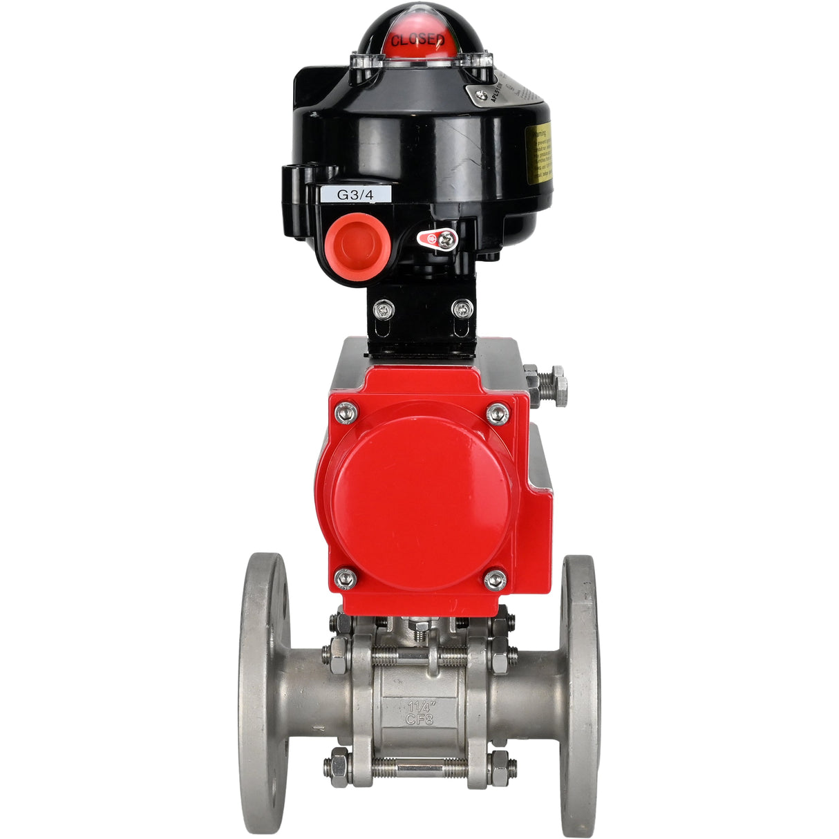 Robinets à boisseau sphérique Elephant BV3232P(3pc)-FP-F-ISO-H à brides, passage intégral, trois pièces, corps - acier inoxydable SS316, joint - PTFE, avec actionneur pneumatique Elephant PA-SA 065-160 et BKV APL -510N-EX