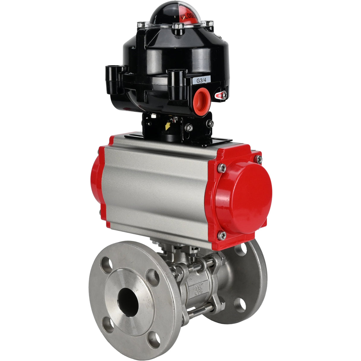 Vannes à boisseau sphérique Elephant BV3232P(3pc)-FP-F-ISO-H à brides, passage intégral, trois pièces, corps - acier inoxydable SS316, joint - PTFE, avec actionneur pneumatique Elephant PA-DA 052-130 et BKV APL -510N-EX