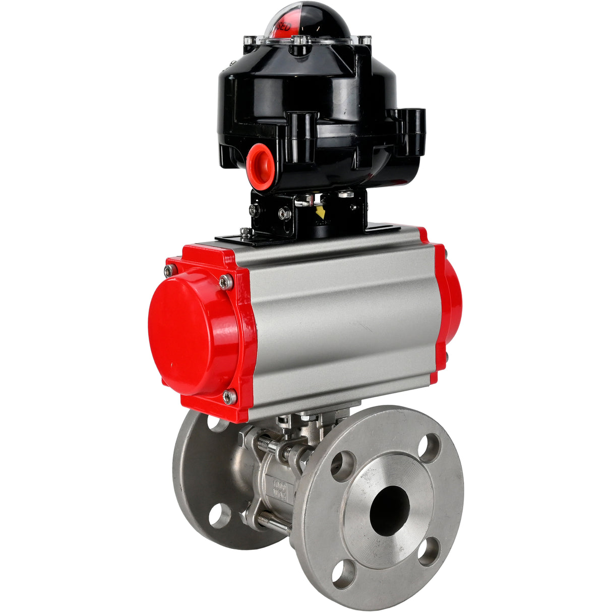Vannes à boisseau sphérique Elephant BV3131P(3pc)-FP-F-ISO-H à brides, passage intégral, trois pièces, corps - acier inoxydable SS304, joint - PTFE, avec actionneur pneumatique Elephant PA-SA 065-160 et BKV APL -510N-EX