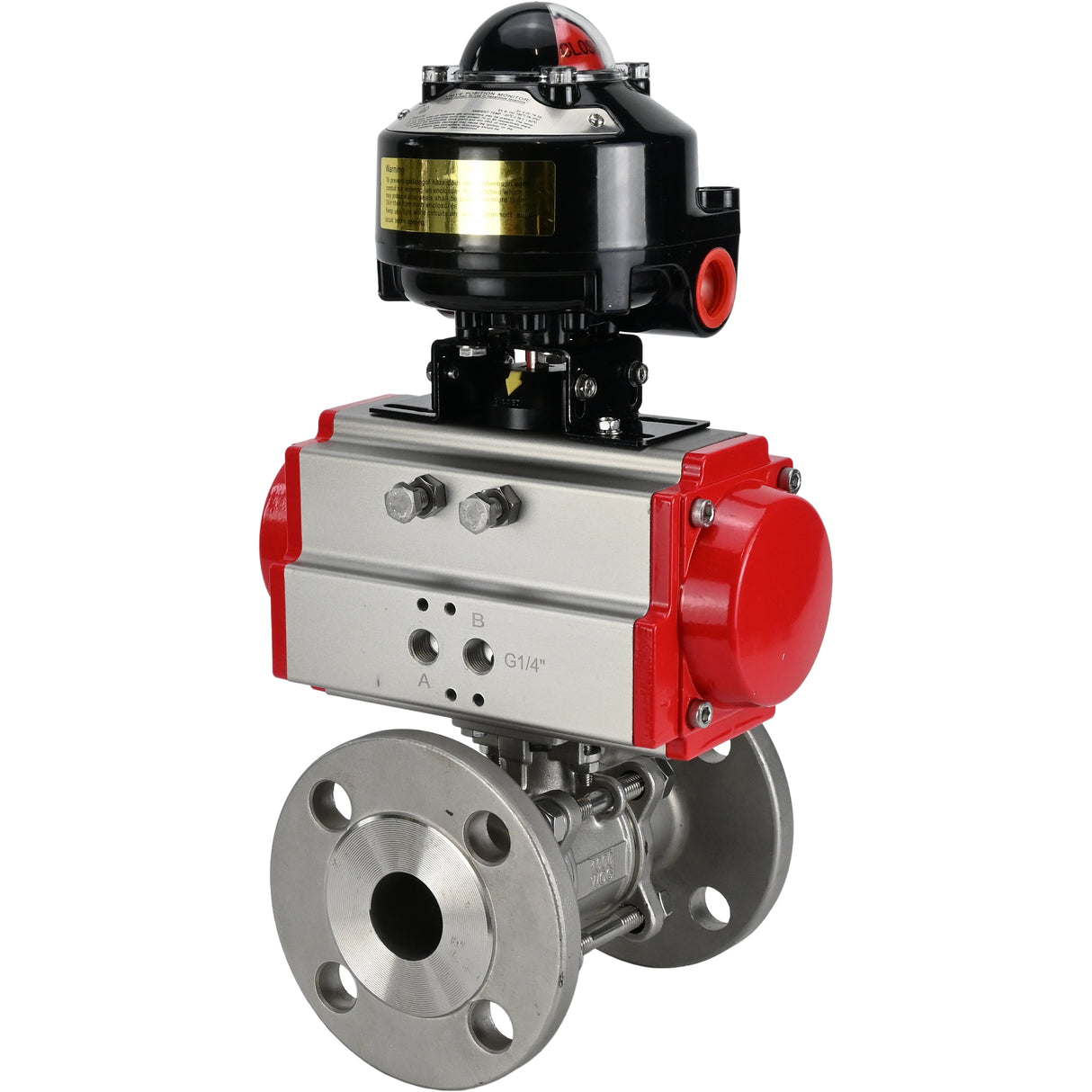 Vannes à boisseau sphérique Elephant BV3131P(3pc)-FP-F-ISO-H à brides, passage intégral, trois pièces, corps - acier inoxydable SS304, joint - PTFE, avec actionneur pneumatique Elephant PA-SA 065-160 et BKV APL -510N-EX