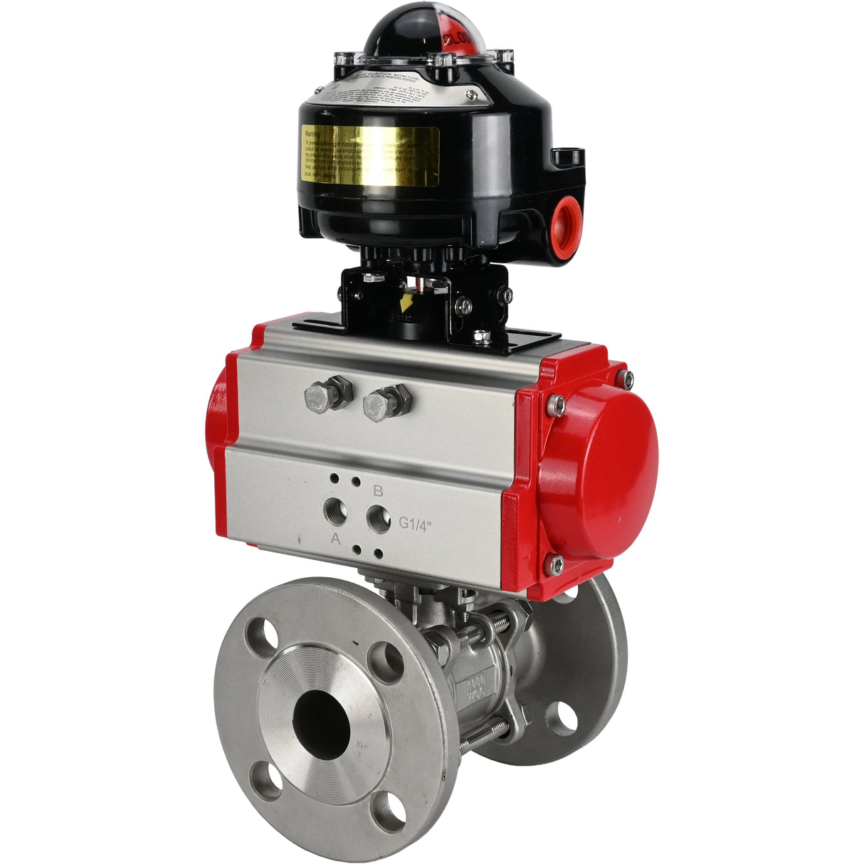 Robinets à boisseau sphérique Elephant BV3232P(3pc)-FP-F-ISO-H à brides, passage intégral, trois pièces, corps - acier inoxydable SS316, joint - PTFE, avec actionneur pneumatique Elephant PA-SA 065-160 et BKV APL -510N-EX