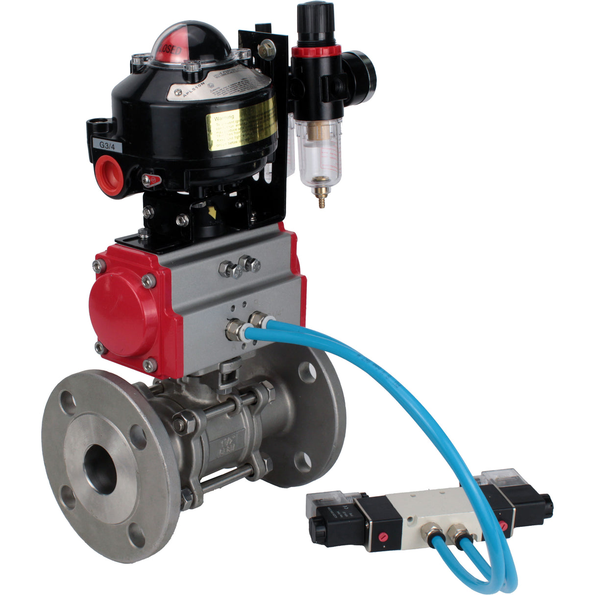 Ball valves Elephant BV3232P(3pc)-FP-F-ISO-H flanged, full bore, three-piece, stainless steel body. steel SS316, seal - PTFE, with pneumatic actuator Elephant PA-DA 052-130 pneumatic distributor 4V320-10 ATU AFC2000 LSU APL-510N-EX