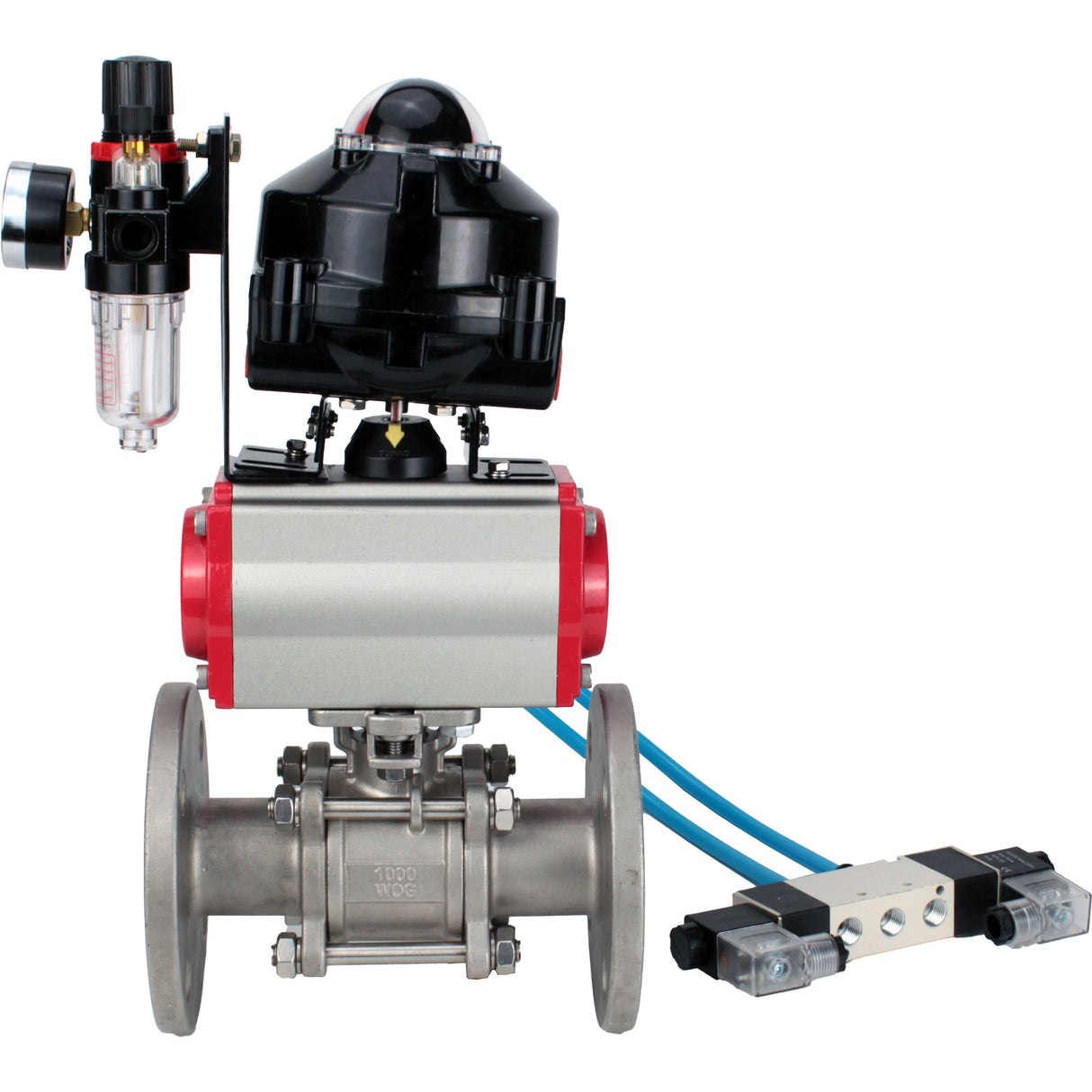 Ball valves Elephant BV3232P(3pc)-FP-F-ISO-H flanged, full bore, three-piece, stainless steel body. steel SS316, seal - PTFE, with pneumatic actuator Elephant PA-DA 052-130 pneumatic distributor 4V320-10 ATU AFC2000 LSU APL-510N-EX