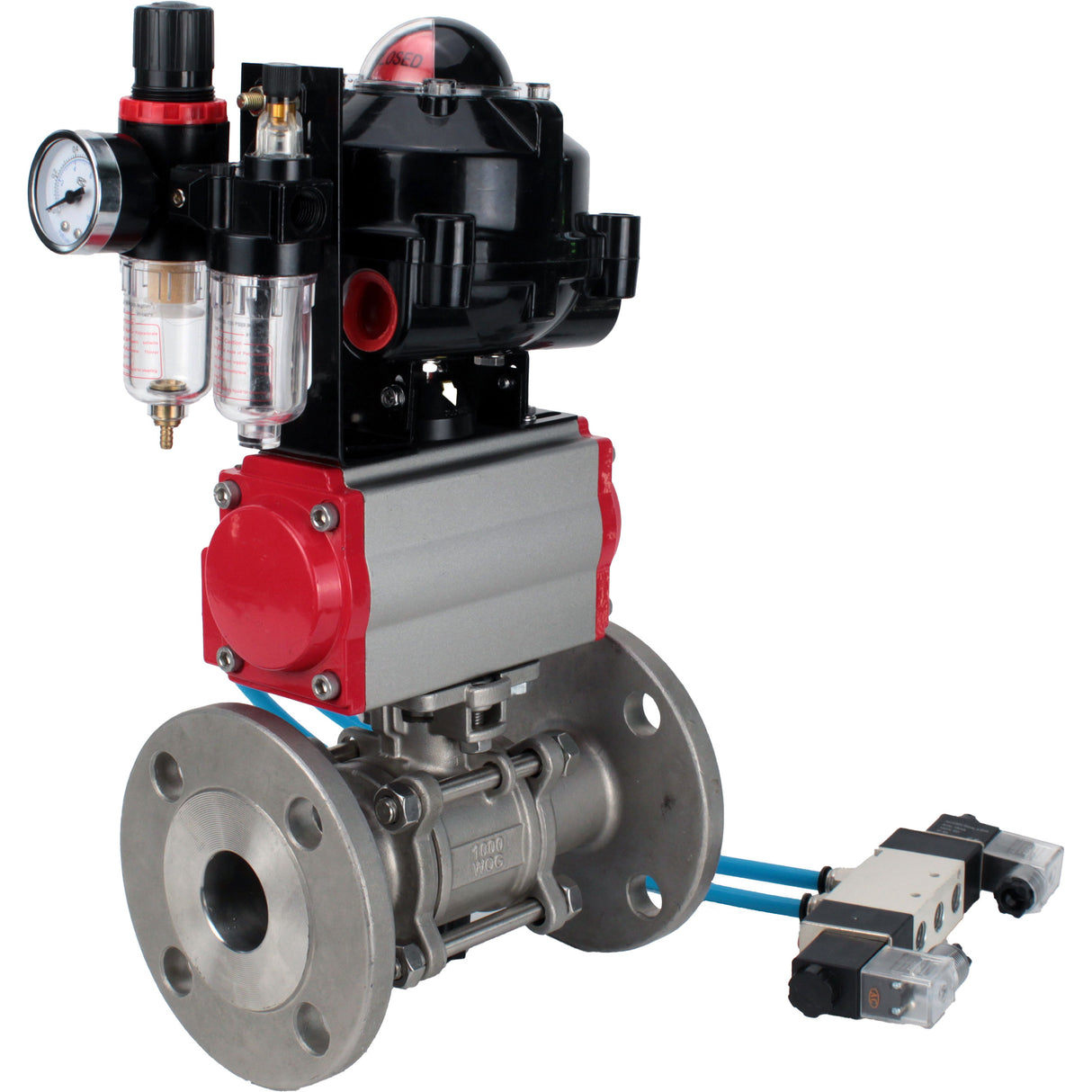 Ball valves Elephant BV3232P(3pc)-FP-F-ISO-H flanged, full bore, three-piece, stainless steel body. steel SS316, seal - PTFE, with pneumatic actuator Elephant PA-DA 052-130 pneumatic distributor 4V320-10 ATU AFC2000 LSU APL-510N-EX