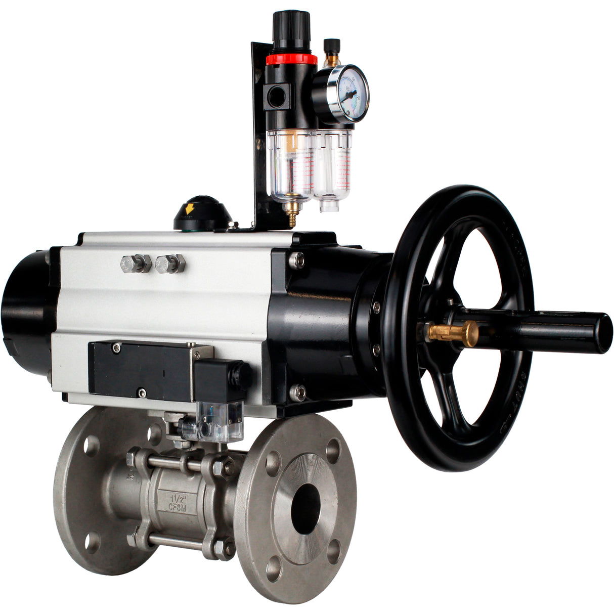 Ball valves Elephant BV3232P(3pc)-FP-F-ISO-H DN65-100 25/40 bar flanged with ISO flange, body - 316 stainless steel, full bore, seal - PTFE, with pneumatic drive PA-DA-105-1, pneumatic distributor 4M310-08 NAMUR 24V, ATU AFC2000