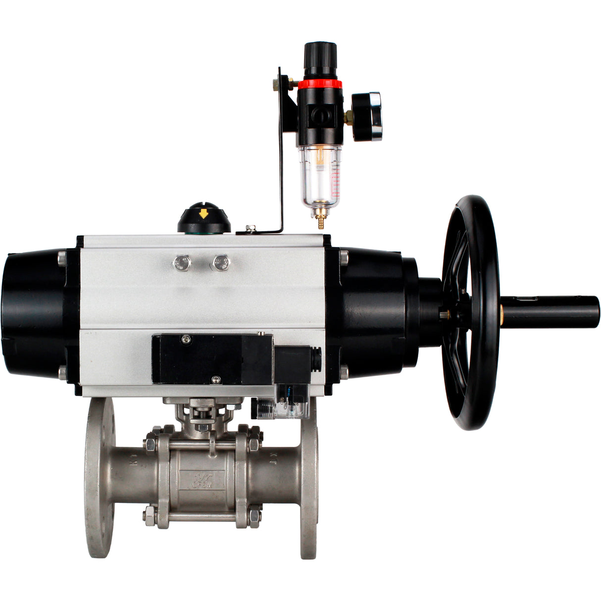 Ball valves Elephant BV3232P(3pc)-FP-F-ISO-H DN65-100 25/40 bar flanged with ISO flange, body - 316 stainless steel, full bore, seal - PTFE, with pneumatic drive PA-DA-105-1, pneumatic distributor 4M310-08 NAMUR 24V, ATU AFC2000