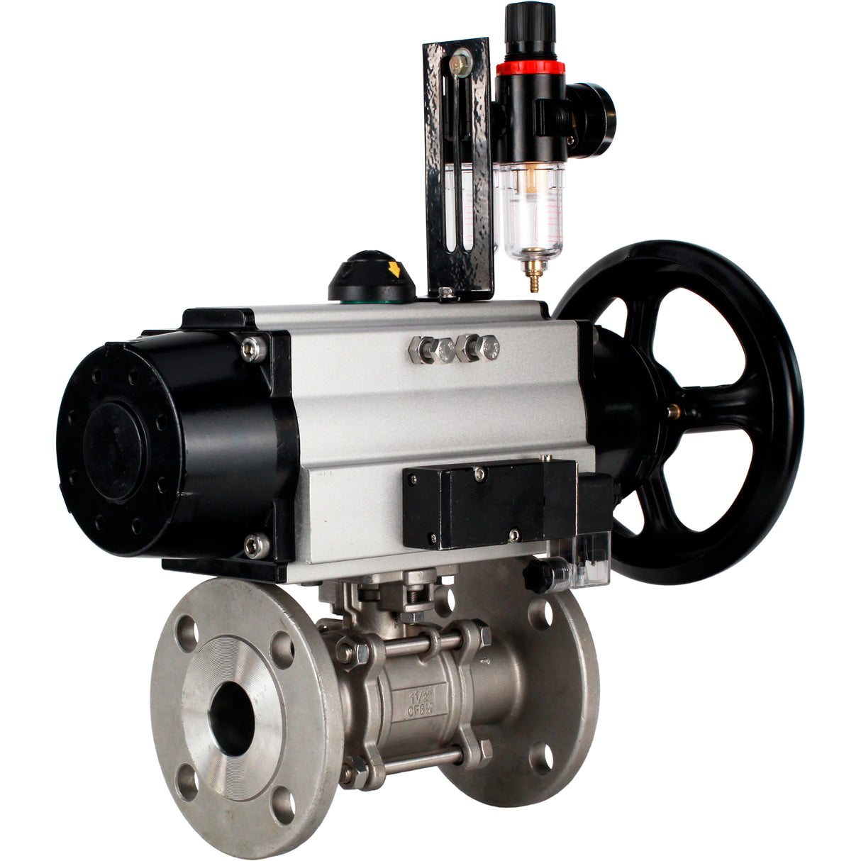 Ball valves Elephant BV3232P(3pc)-FP-F-ISO-H DN65-100 25/40 bar flanged with ISO flange, body - 316 stainless steel, full bore, seal - PTFE, with pneumatic drive PA-DA-105-1, pneumatic distributor 4M310-08 NAMUR 24V, ATU AFC2000