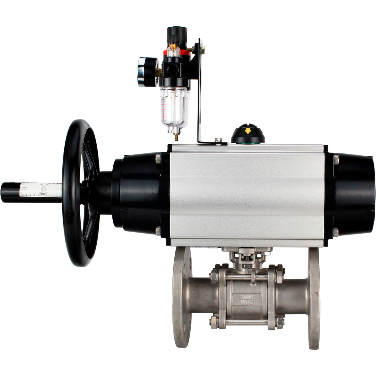 Ball valves Elephant BV3232P(3pc)-FP-F-ISO-H DN65-100 25/40 bar flanged with ISO flange, body - 316 stainless steel, full bore, seal - PTFE, with pneumatic drive PA-DA-105-1, pneumatic distributor 4M310-08 NAMUR 24V, ATU AFC2000