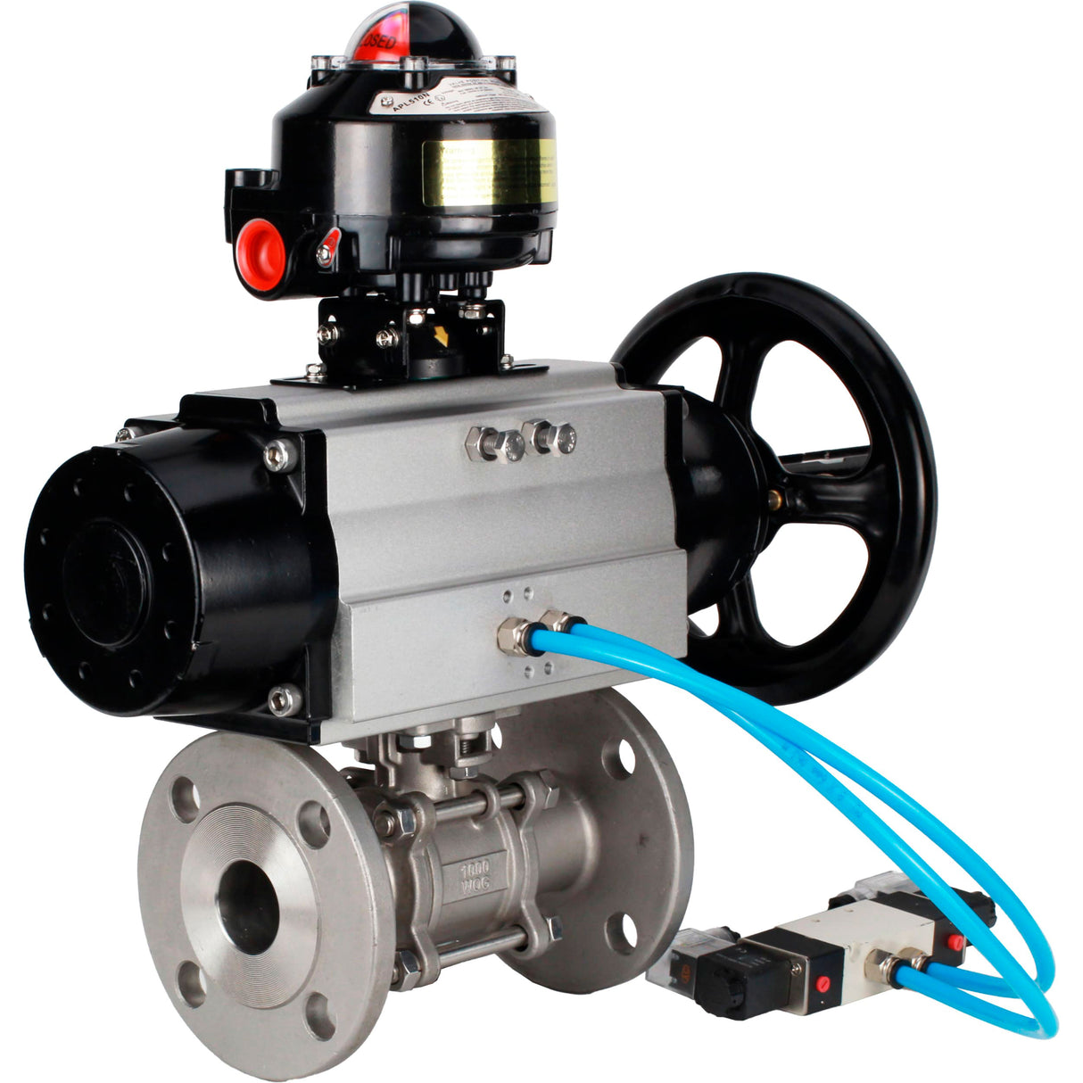 Ball valves Elephant BV3232P(3pc)-FP-F-ISO-H DN65-100 25/40 bar flanged with ISO flange, body - 316 stainless steel, full bore, seal - PTFE, with pneumatic drive PA-DA-105-1, pneumatic distributor 4V320-10 220V, LSU APL-510N Ex