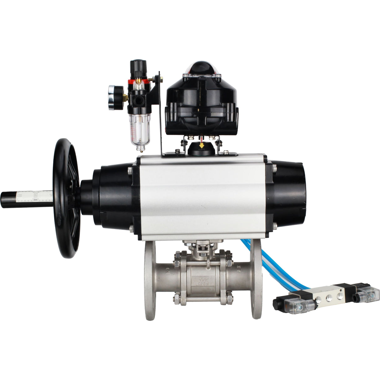 Ball valves Elephant BV3232P(3pc)-FP-F-ISO-H DN65-100 25/40 bar flanged with ISO flange, body - 316 stainless steel, full bore, seal - PTFE, with pneumatic drive PA-DA-105-1, pneumatic distributor 4V320-10 220V, LSU APL-510N Ex, ATU AFC2000
