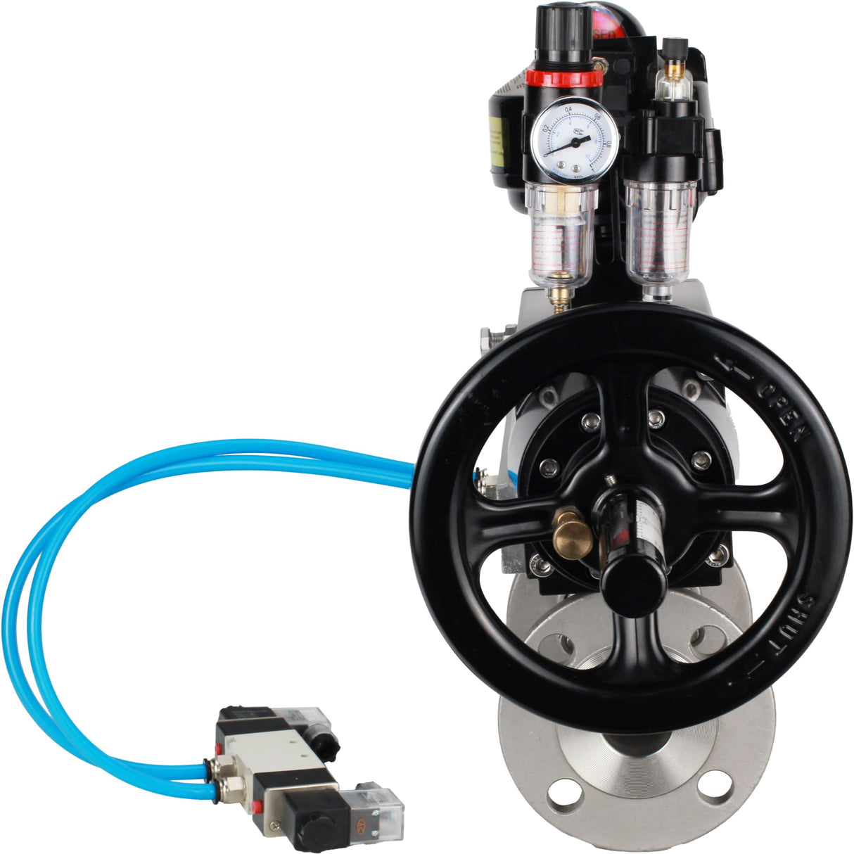 Ball valves Elephant BV3232P(3pc)-FP-F-ISO-H DN65-100 25/40 bar flanged with ISO flange, body - 316 stainless steel, full bore, seal - PTFE, with pneumatic drive PA-DA-105-1, pneumatic distributor 4V320-10 220V, LSU APL-510N Ex, ATU AFC2000