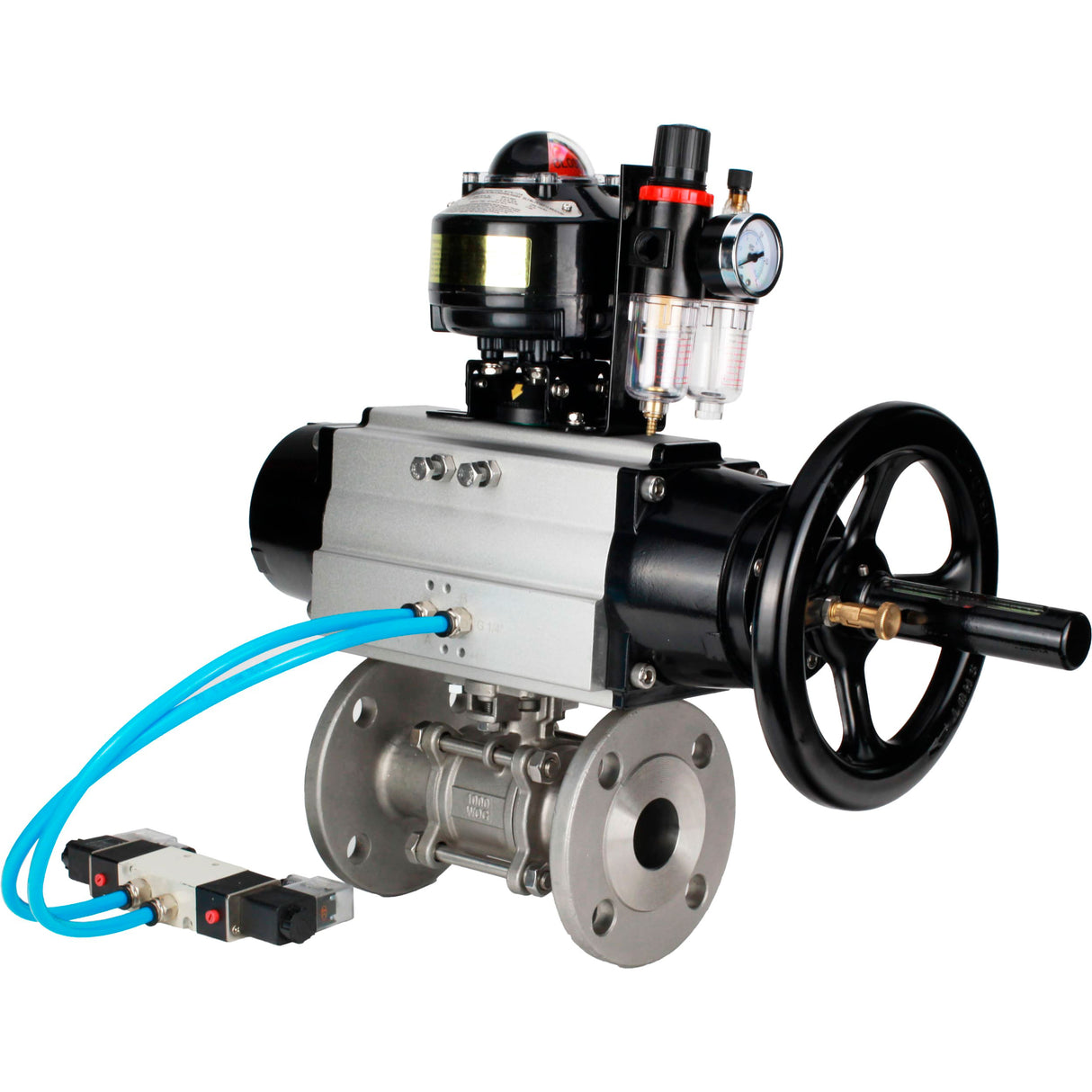 Ball valves Elephant BV3232P(3pc)-FP-F-ISO-H DN65-100 25/40 bar flanged with ISO flange, body - 316 stainless steel, full bore, seal - PTFE, with pneumatic drive PA-DA-105-1, pneumatic distributor 4V320-10 220V, LSU APL-510N Ex, ATU AFC2000