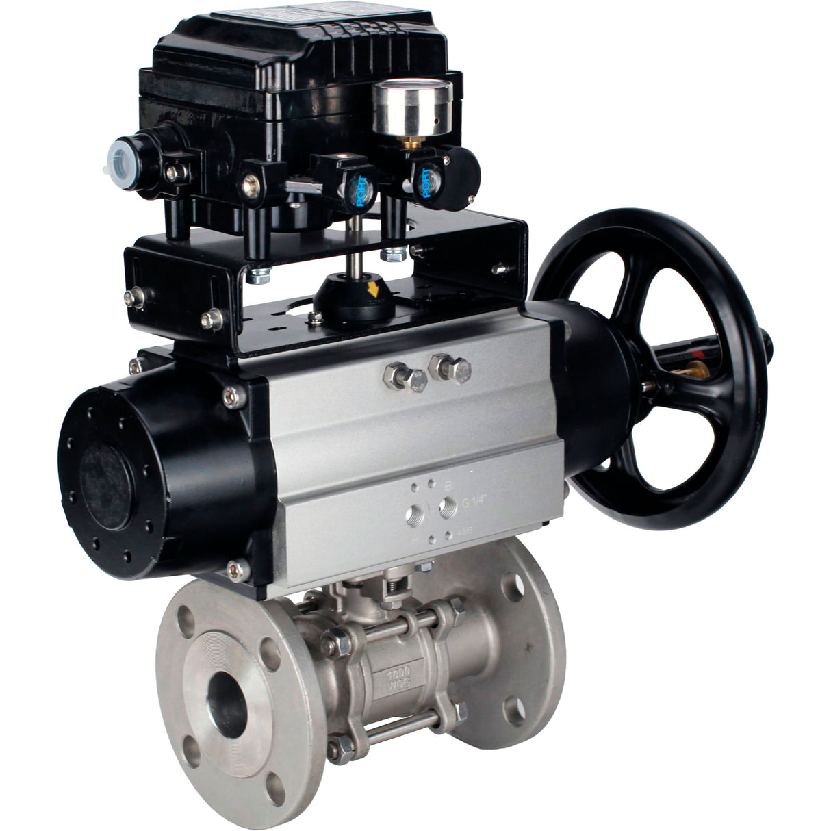 Ball valves Elephant BV3232P(3pc)-FP-F-ISO-H DN65-100 25/40 bar flanged with ISO flange, body - 316 stainless steel, full bore, seal - PTFE, with pneumatic drive PA-DA-105-1, YT-1000RSN electro-pneumatic positioner with feedback