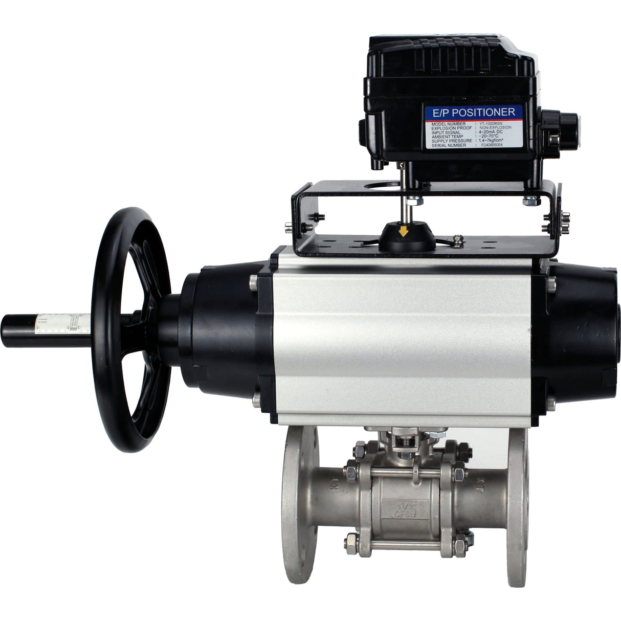 Ball valves Elephant BV3232P(3pc)-FP-F-ISO-H DN65-100 25/40 bar flanged with ISO flange, body - 316 stainless steel, full bore, seal - PTFE, with pneumatic drive PA-DA-105-1, YT-1000RSN electro-pneumatic positioner with feedback