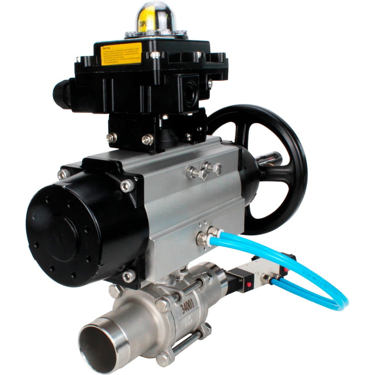 Ball valves Elephant BV3131P(3pc)-FP-W-ISO-H LONG, body material - Stainless steel AISI 304, seal - PTFE / PTFE / Teflon, with pneumatic actuator double action PA-DA-105-1, 4V320-10 220V, LSU APL-410N Ex