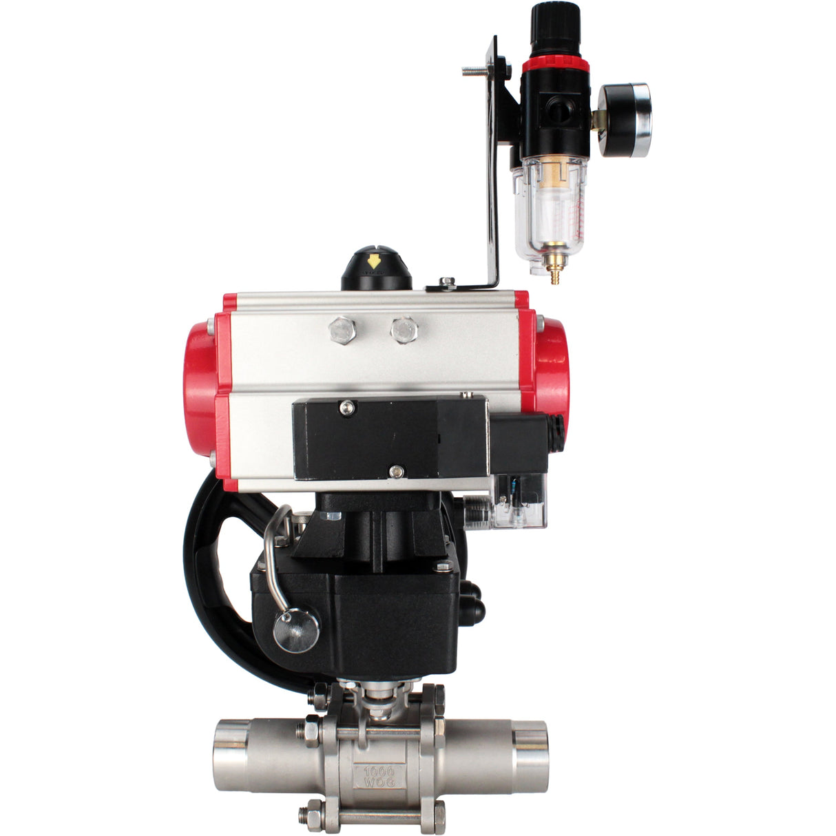 Ball valves Elephant BV3232P(3pc)-FP-W-ISO-H LONG full bore, body - stainless steel 316, for welding, with pneumatic actuator PA-DA, pneumatic distributor 4M310-08 NAMUR 220V, MON reducer and ATU AFC2000