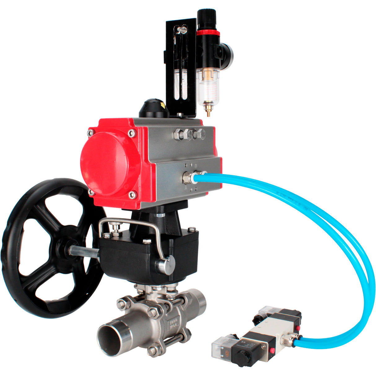 Vannes à boisseau sphérique Elephant BV3131P(3pc)-FP-W-ISO-H LONG à passage intégral, corps - acier inoxydable 304, à souder, avec actionneur pneumatique PA-DA, distributeur pneumatique 4V320-08 220V, réducteur MON et BPV AFC2000