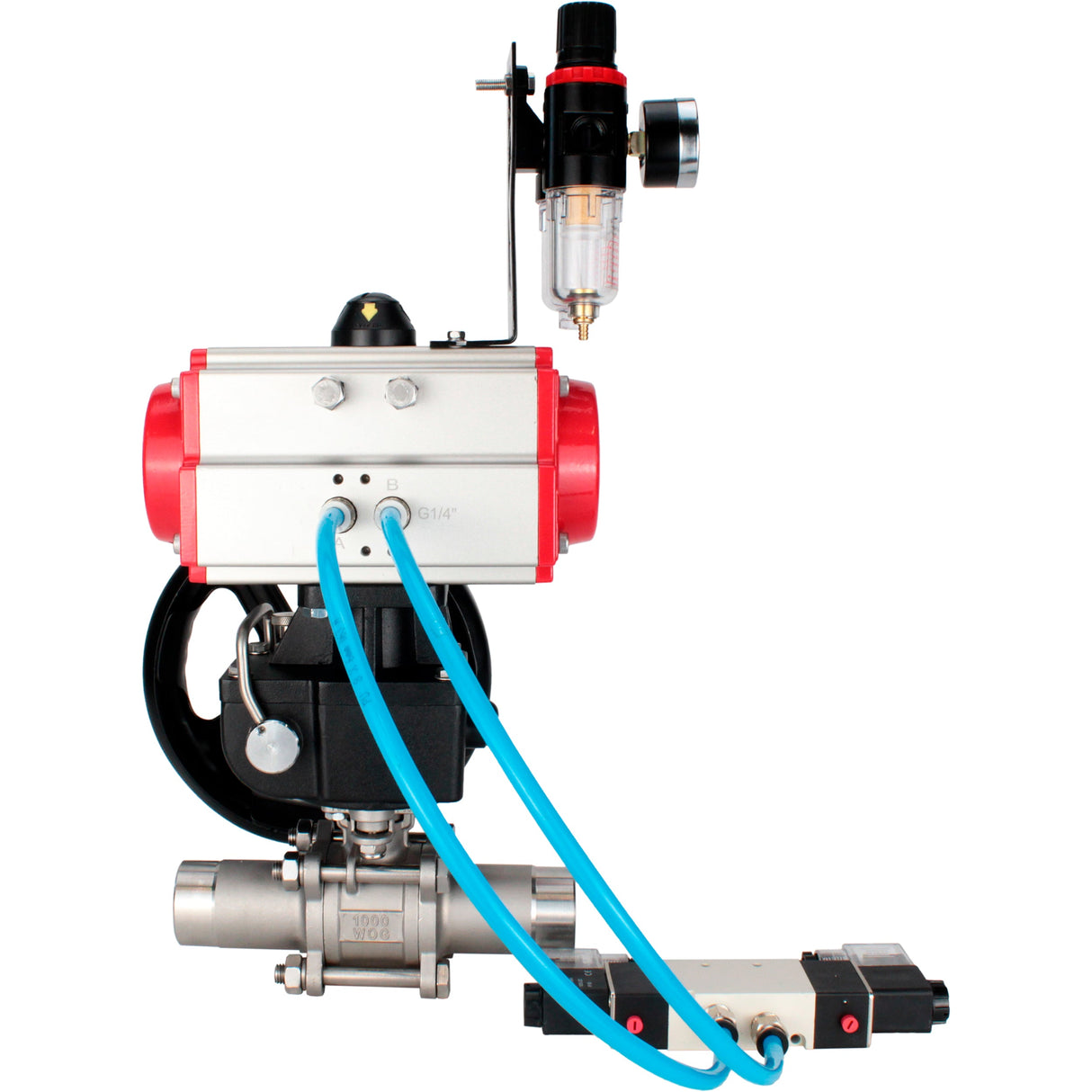 Ball valves Elephant BV3232P(3pc)-FP-W-ISO-H LONG full bore, body - stainless steel 316, for welding, with pneumatic actuator PA-DA, pneumatic distributor 4V320-10 220V, MON reducer and ATU AFC2000