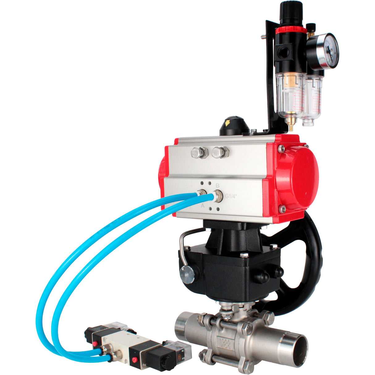 Ball valves Elephant BV3232P(3pc)-FP-W-ISO-H LONG full bore, body - stainless steel 316, for welding, with pneumatic actuator PA-DA, pneumatic distributor 4V320-10 220V, MON reducer and ATU AFC2000
