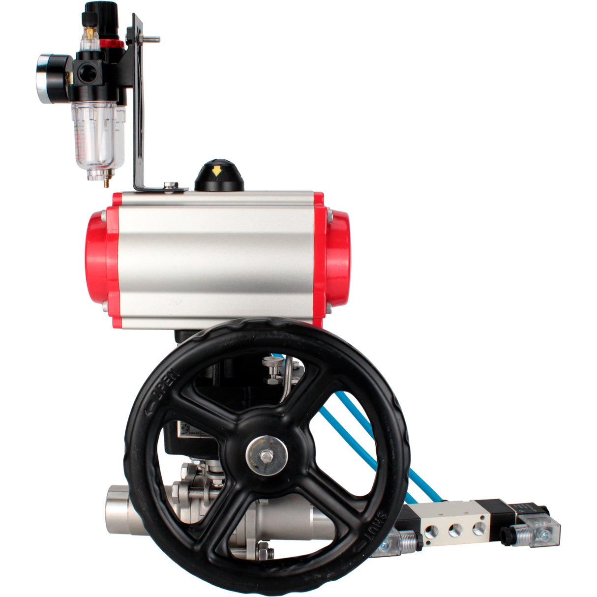 Ball valves Elephant BV3232P(3pc)-FP-W-ISO-H LONG full bore, body - stainless steel 316, for welding, with pneumatic actuator PA-DA, pneumatic distributor 4V320-10 220V, MON reducer and ATU AFC2000