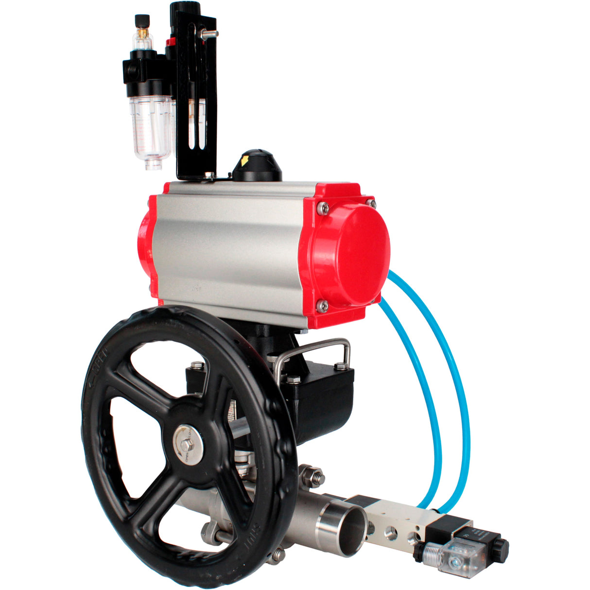 Ball valves Elephant BV3232P(3pc)-FP-W-ISO-H LONG full bore, body - stainless steel 316, for welding, with pneumatic actuator PA-DA, pneumatic distributor 4V320-10 220V, MON reducer and ATU AFC2000