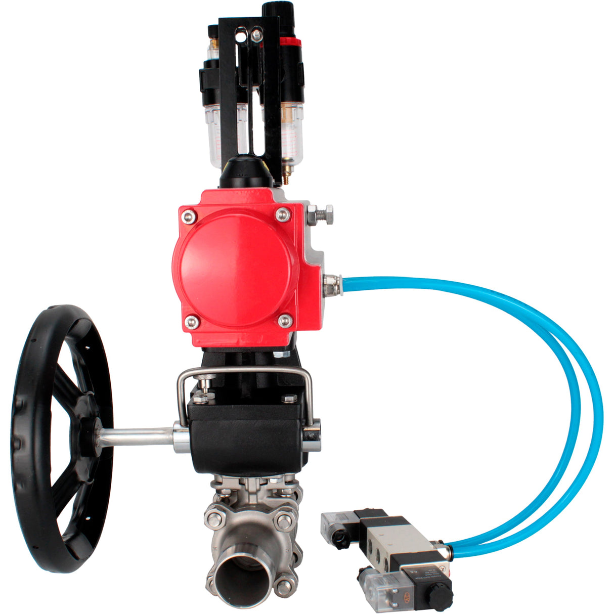Ball valves Elephant BV3232P(3pc)-FP-W-ISO-H LONG full bore, body - stainless steel 316, for welding, with pneumatic actuator PA-DA, pneumatic distributor 4V320-10 220V, MON reducer and ATU AFC2000
