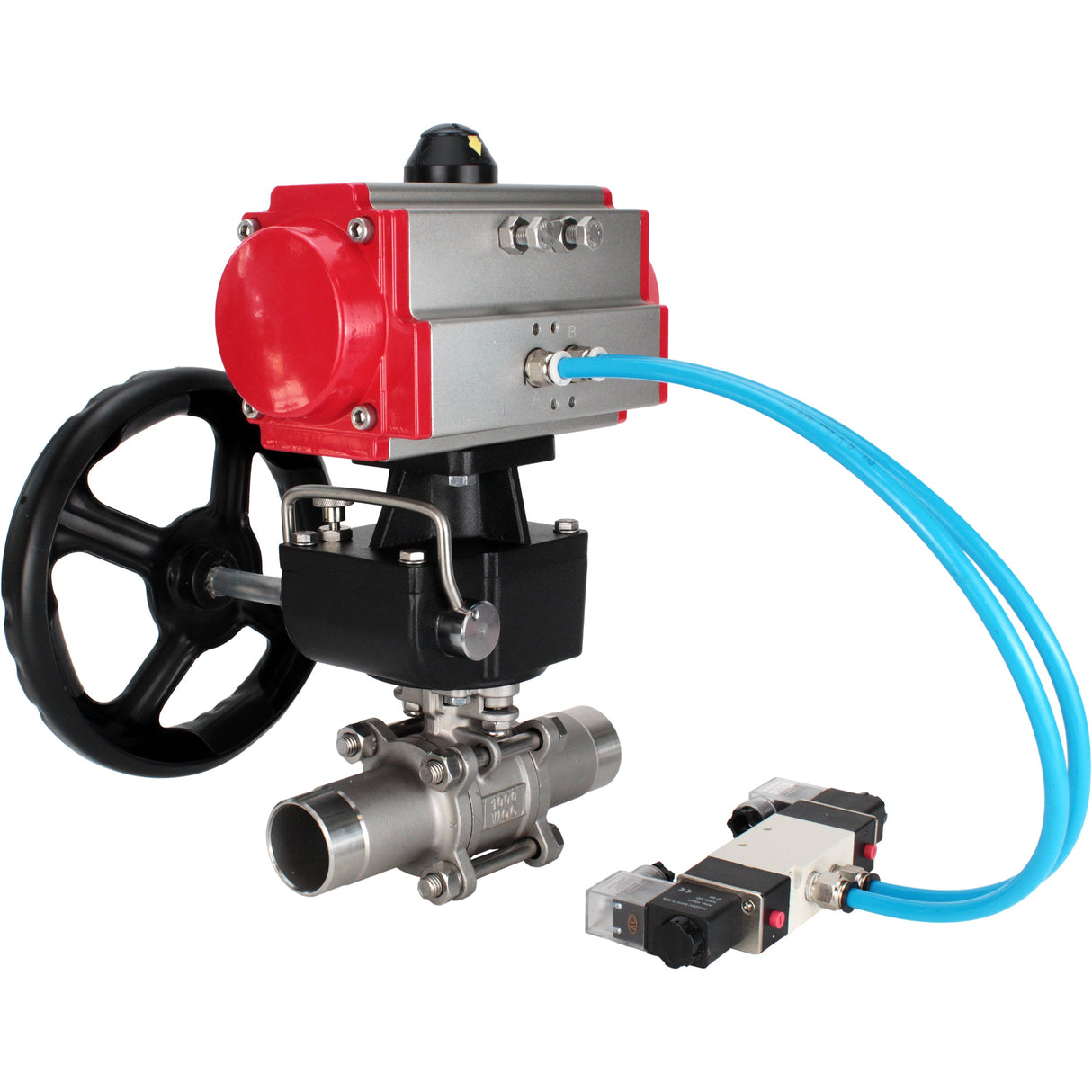 Ball valves Elephant BV3232P(3pc)-FP-W-ISO-H LONG full bore, body - stainless steel 316, for welding, with pneumatic actuator PA-DA, pneumatic distributor 4V320-10 220V and MON reducer