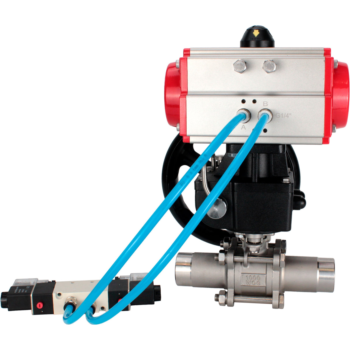 Ball valves Elephant BV3232P(3pc)-FP-W-ISO-H LONG full bore, body - stainless steel 316, for welding, with pneumatic actuator PA-DA, pneumatic distributor 4V320-10 220V and MON reducer