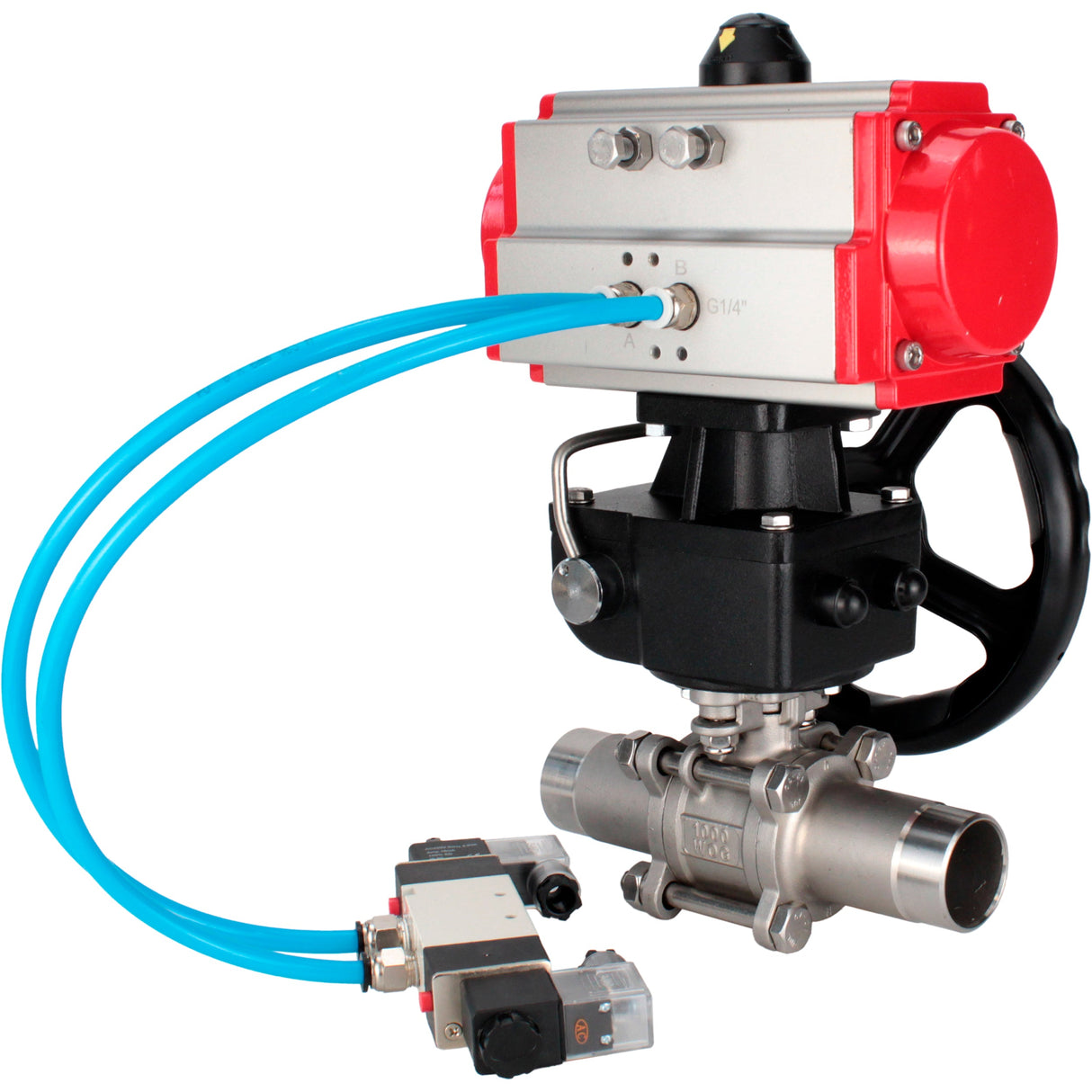 Ball valves Elephant BV3232P(3pc)-FP-W-ISO-H LONG full bore, body - stainless steel 316, for welding, with pneumatic actuator PA-DA, pneumatic distributor 4V320-10 220V and MON reducer
