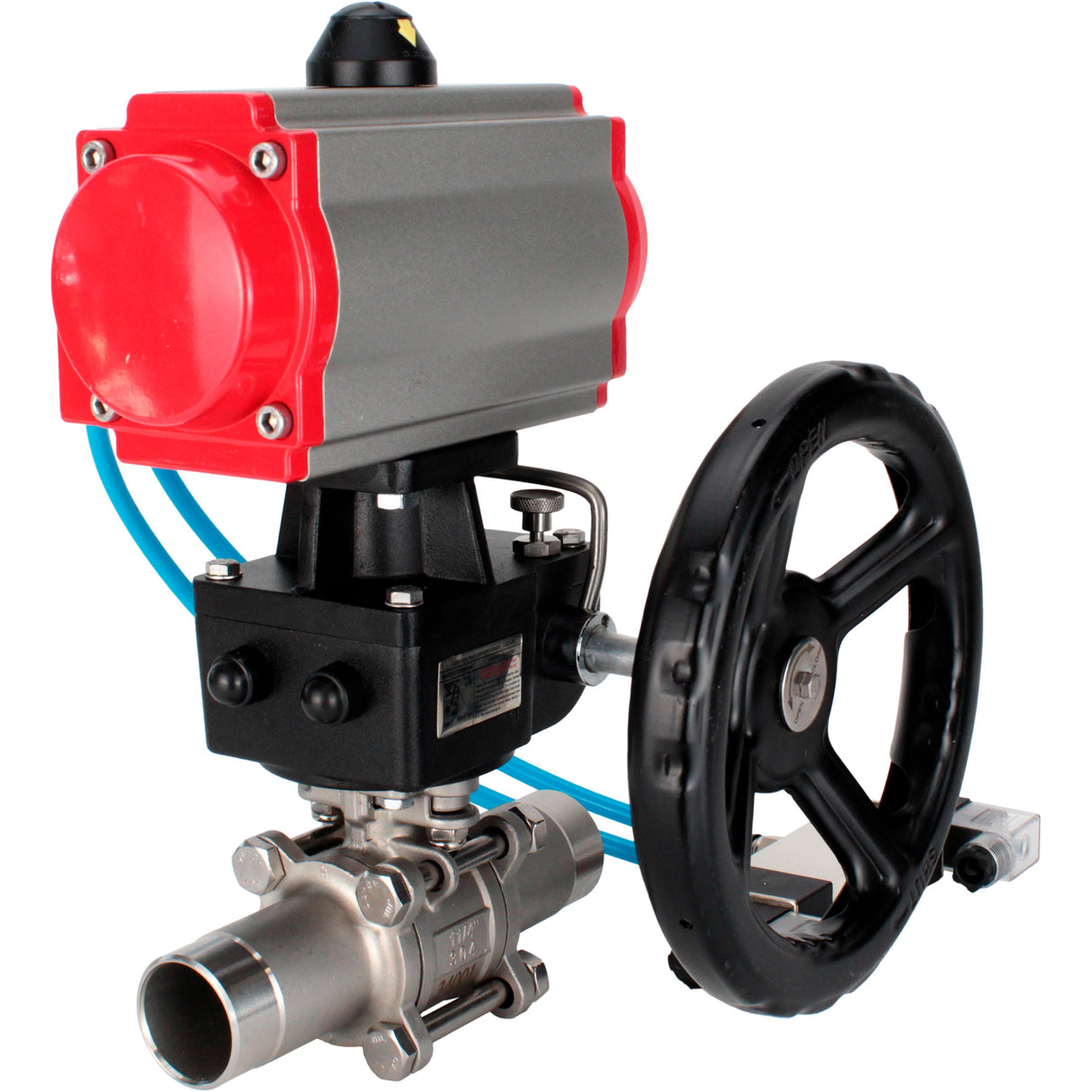 Ball valves Elephant BV3232P(3pc)-FP-W-ISO-H LONG full bore, body - stainless steel 316, for welding, with pneumatic actuator PA-DA, pneumatic distributor 4V320-10 220V and MON reducer