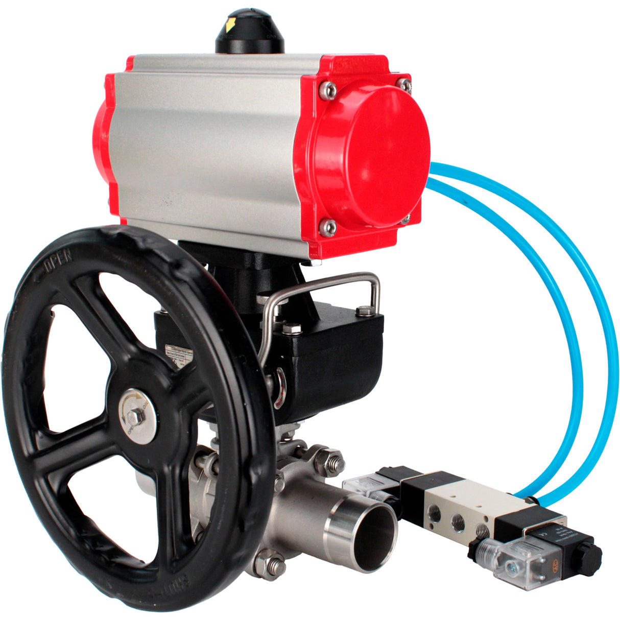 Ball valves Elephant BV3232P(3pc)-FP-W-ISO-H LONG full bore, body - stainless steel 316, for welding, with pneumatic actuator PA-DA, pneumatic distributor 4V320-10 220V and MON reducer