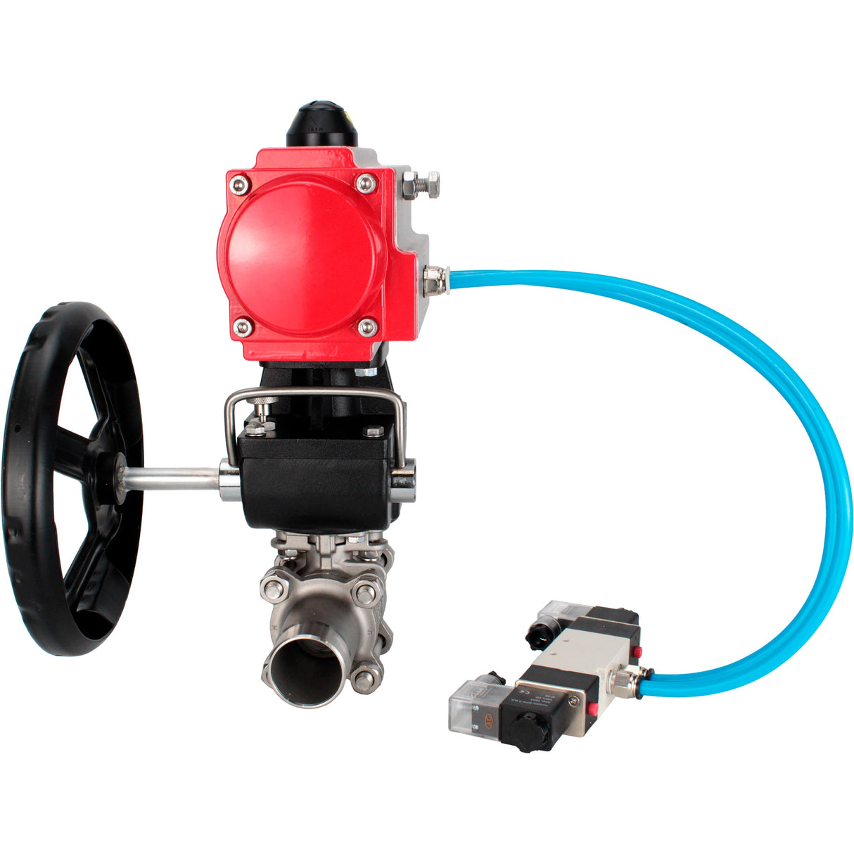 Ball valves Elephant BV3232P(3pc)-FP-W-ISO-H LONG full bore, body - stainless steel 316, for welding, with pneumatic actuator PA-DA, pneumatic distributor 4V320-10 220V and MON reducer