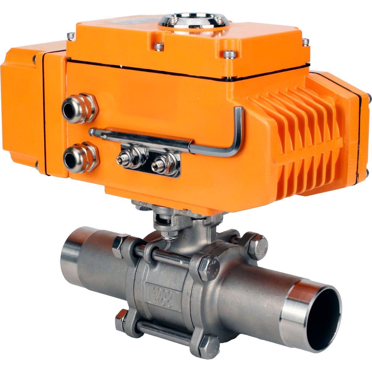 Vannes à boisseau sphérique Elephant BV3131P(3pc)-FP-W-ISO-H LONG à passage intégral, corps - acier inoxydable 304, soudé, avec entraînement électrique 1/4 de tour Elephant QT-N-EM-A1-220VAC-U1 avec capteur de retour et signal de commande d'entrée 4-20 mA