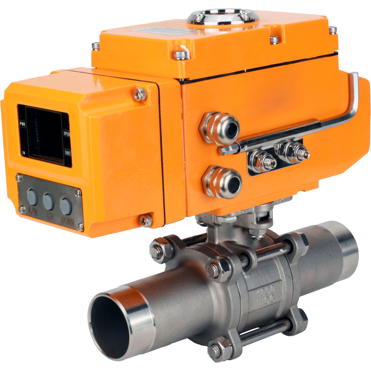 Vannes à boisseau sphérique Elephant BV3131P(3pc)-FP-W-ISO-H LONG à passage intégral, corps - acier inoxydable 304, soudé, avec entraînement électrique 1/4 de tour Elephant QT-N-EM-A1-220VAC-U1 avec capteur de retour et signal de commande d'entrée 4-20 mA