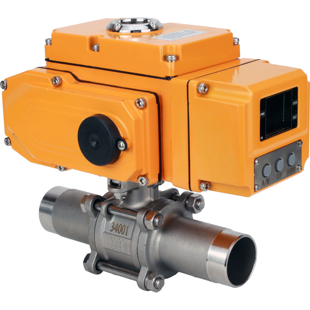 Vannes à boisseau sphérique Elephant BV3131P(3pc)-FP-W-ISO-H LONG à passage intégral, corps - acier inoxydable 304, soudé, avec entraînement électrique 1/4 de tour Elephant QT-N-EM-A1-220VAC-U1 avec capteur de retour et signal de commande d'entrée 4-20 mA