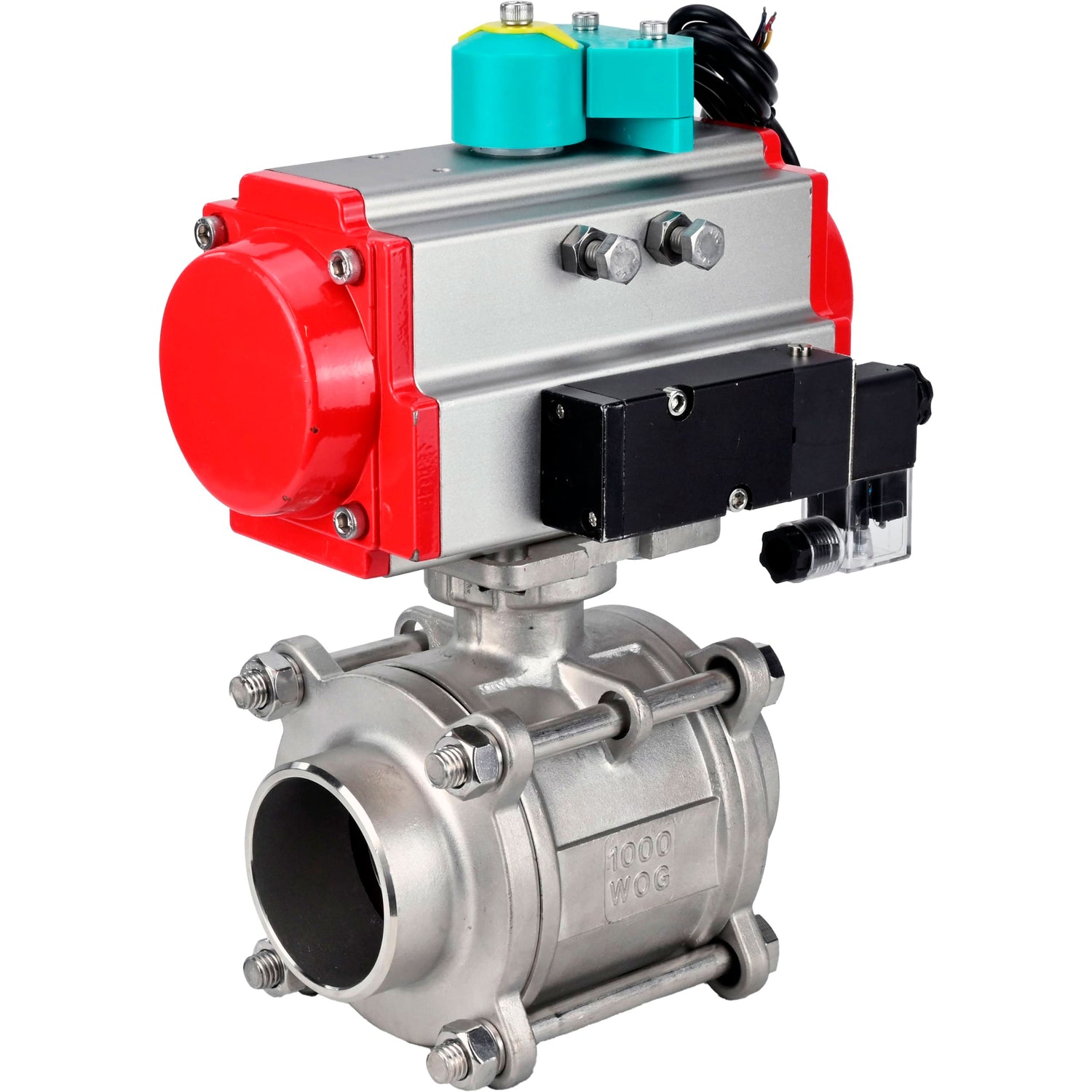 Ball valves Elephant BV3232P(3pc)-FP-W-ISO-H WDVF DN15-32 63 bar full bore, body - 316 stainless steel, seal - PTFE, for welding, with PA-DA pneumatic actuator, pneumatic distributor 4M310-08 NAMUR 24V and ALS200D magnetic switch