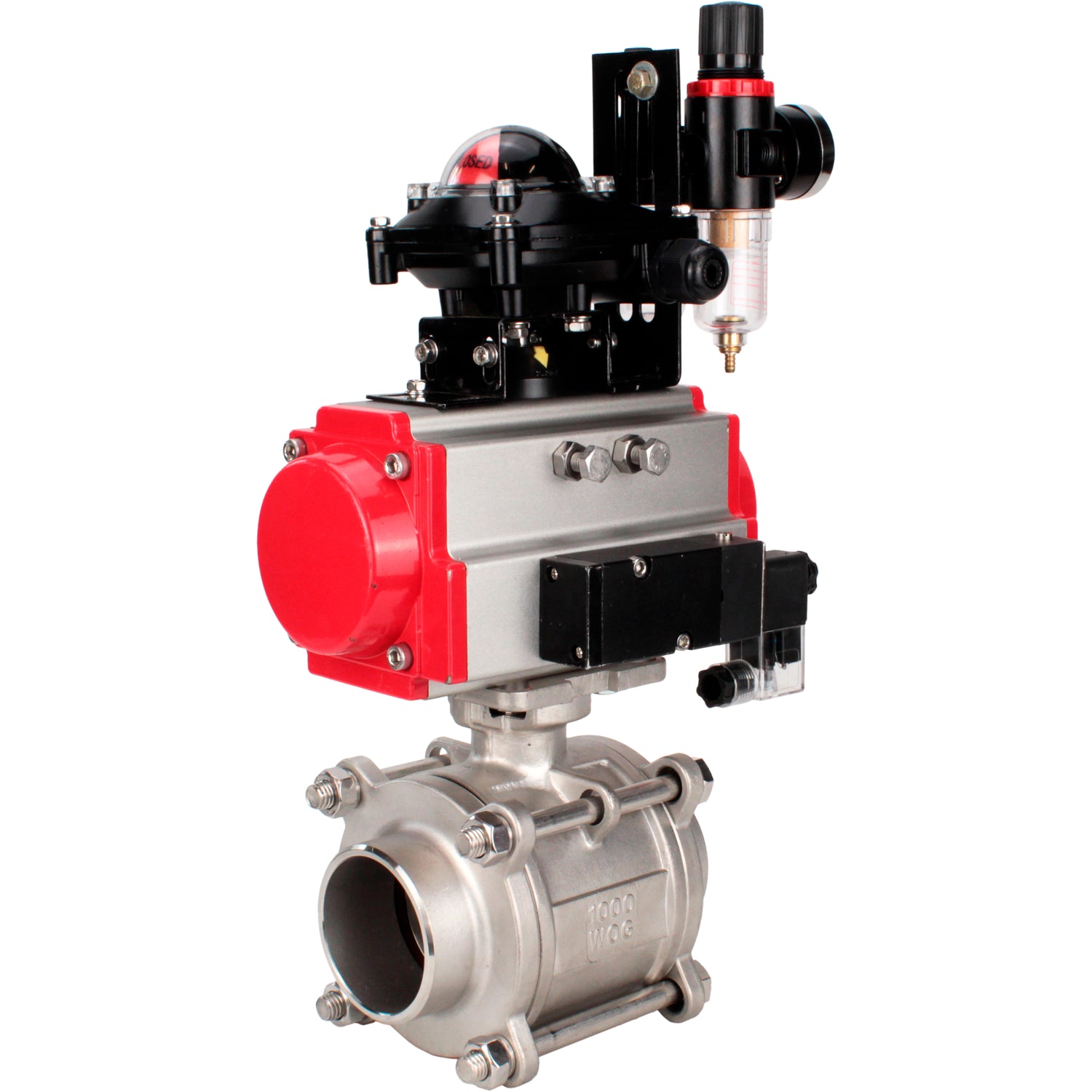 Ball valves Elephant BV3232P(3pc)-FP-W-ISO-H WDVF DN15-32 63 bar full bore, body - 316 stainless steel, seal - PTFE, for welding, with PA-SA pneumatic actuator, pneumatic distributor 4M310-08 NAMUR 24V, LSU APL-210N, ATU AFC2000