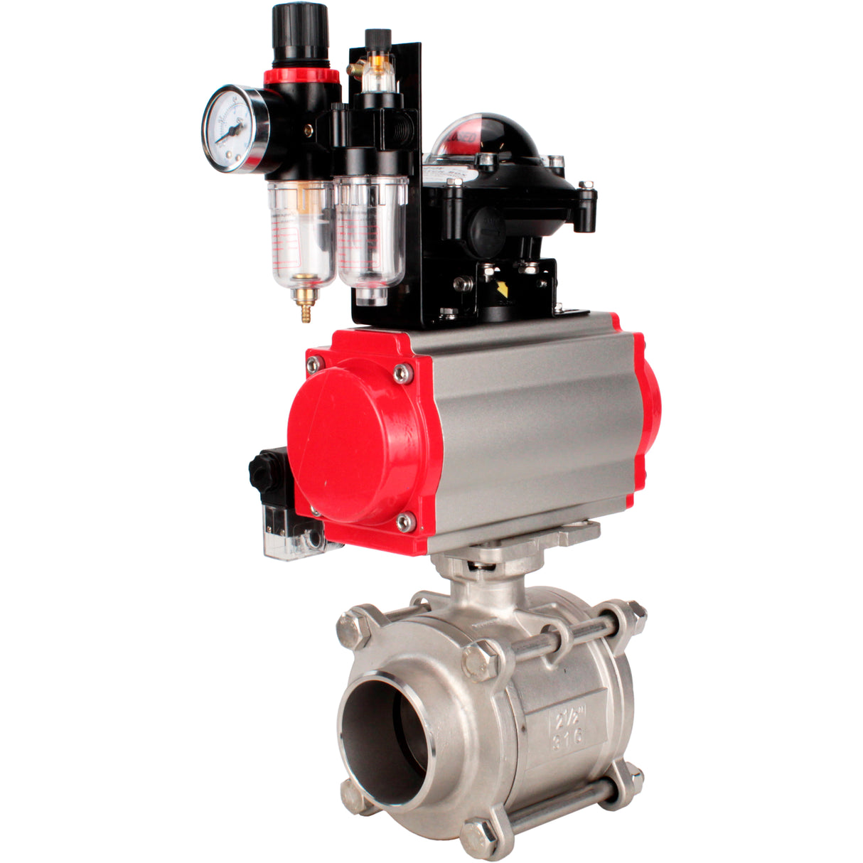 Ball valves Elephant BV3232P(3pc)-FP-W-ISO-H WDVF DN15-32 63 bar full bore, body - 316 stainless steel, seal - PTFE, for welding, with PA-SA pneumatic actuator, pneumatic distributor 4M310-08 NAMUR 24V, LSU APL-210N, ATU AFC2000